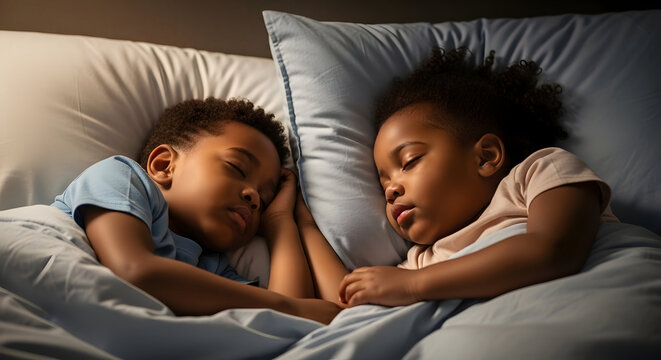 Two Adorable African American Children Sleeping Peacefully Side by Side in Bed