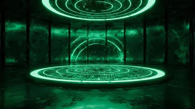 Futuristic green technology scene with circular circuit board and neon lights for technology concept.