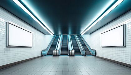 Fototapeta premium Subway Station Interior with Escalators and Illuminated Advertising Displays Offering Modern Urban Commuting