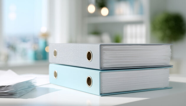 Stack of Ring Binders on Desk With Pen and Notepad, Symbolizing Organization and Efficient Workflow Management in Office Environment
