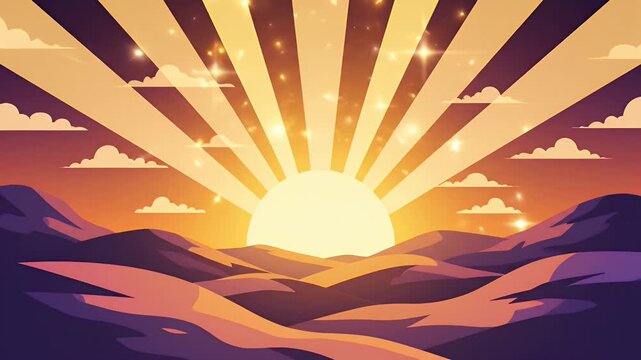 Stylized sun rays over desert mountains at dawn or dusk