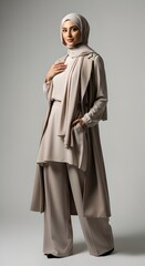 Naklejka premium Elegant woman in contemporary modest fashion, featuring a stylish beige hijab and sophisticated neutral-toned ensemble, exuding modern grace and confidence in a studio setting
