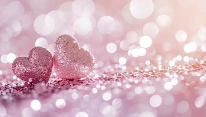 Fototapeta premium Two sparkling pink hearts on glitter with bokeh lights.