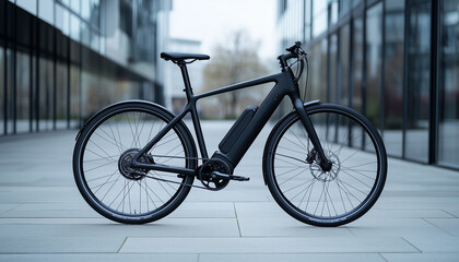 Fototapeta premium Modern Electric Bicycle Parked in Front of Contemporary Building, Promoting Eco-Friendly Urban Transportation