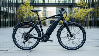 Fototapeta premium Modern Electric Bicycle Parked in Front of Contemporary Building, Promoting Eco-Friendly Urban Transportation