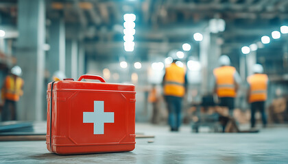 First aid kit on construction site with workers. Workplace safety and health concept