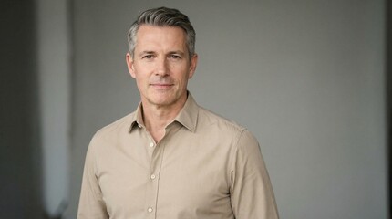 Obraz premium Confident Middle-Aged Man with Grey Hair in Beige Shirt Looking at Camera