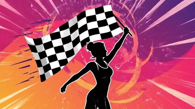 Dynamic silhouette of a woman triumphantly waving a checkered racing flag against an abstract vibrant speed and motion background symbolizing victory and achievement