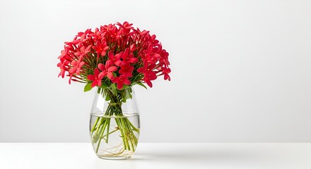 Fototapeta premium A Beautiful Bouquet of Vibrant Red Flowers with Green Stems in a Clear Glass Vase Filled with Water, Isolated on a White Background