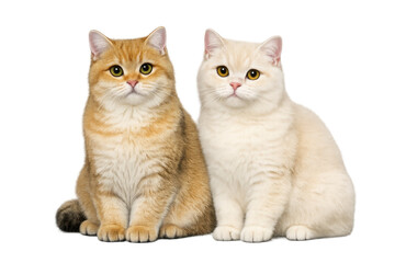 Obraz premium Two british shorthair cats sitting together, gold and cream colored fur, looking at camera, adorable domestic pets