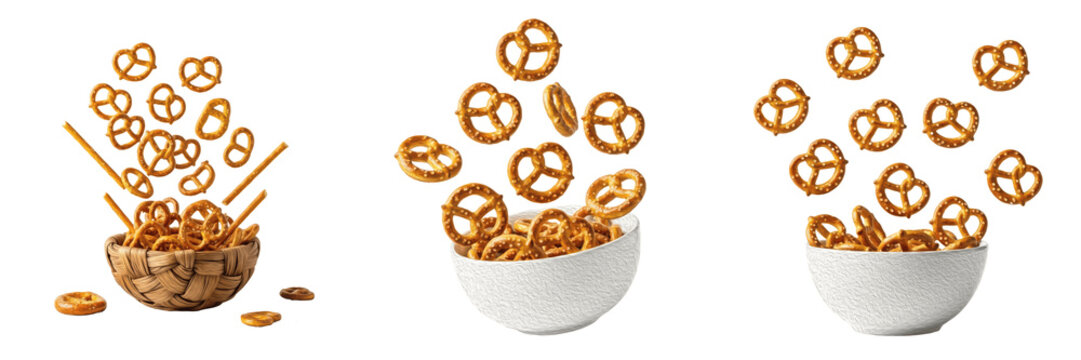 Set of Crunchy Mini Pretzels Falling into Bowls Isolated on Transparent Background, Salty Snack Food PNG