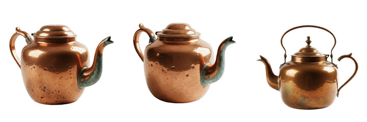 Set of Copper Teapot Poses in Various Angles, Vintage Kitchenware Collection Isolated on White, PNG Oil Paint