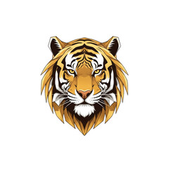 highly stylized, symmetrical, majestic tiger head logo in luxurious polished gold metallic gradient texture and sharp geometry, focused gaze on transparent background. concept of dominance and luxury