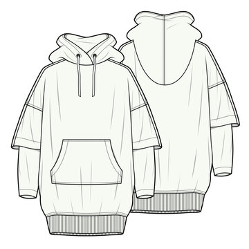 Ladies longline hoodies vector design mockup template technical flat drawing.