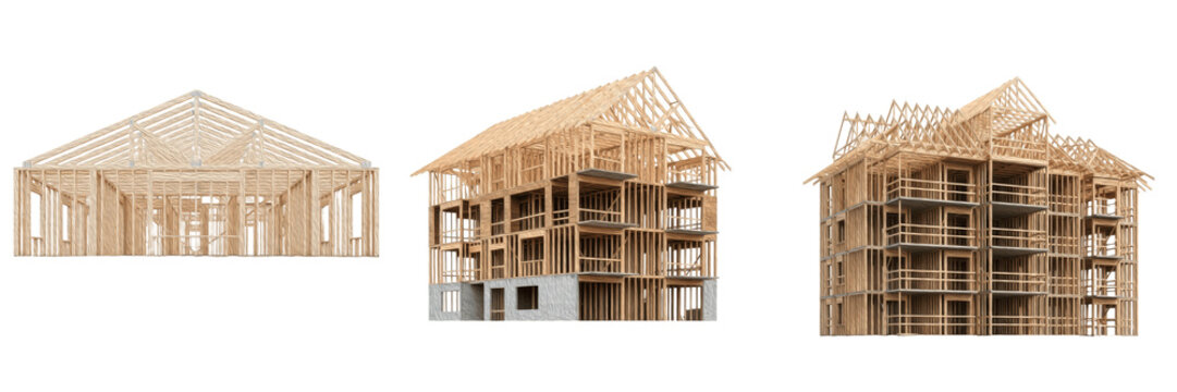 Wooden House Construction Frame Set Isolated on White Background, Timber Structure Architecture Build