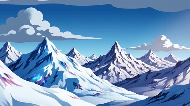 Stylized winter mountain peaks under blue sky
