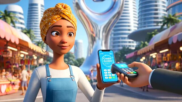 Digital credit access and seamless mobile payment is demonstrated by an animated woman using her smartphone in a bustling futuristic city market.