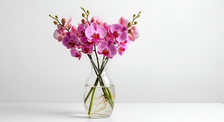 Naklejka premium A Beautiful Bouquet of Vibrant Pink Orchid Flowers with Green Buds in a Clear Glass Vase, Isolated on a White Background