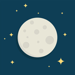 A flat, minimalist vector illustration of a full moon surrounded by stars in a dark blue night sky. A clean, modern design suitable for a variety of creative needs © Ali