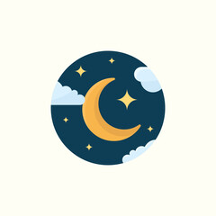 A minimalist, flat crescent moon vector illustration, surrounded by stars and clouds in a dark blue night sky. A clean, modern design, suitable for a variety of creative needs © Ali