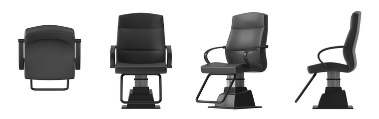 Set of four black barber chairs shown from different angles on a white background