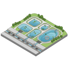 Obraz premium Isometric View of a Modern Water Treatment Plant with Adjacent Roadway.