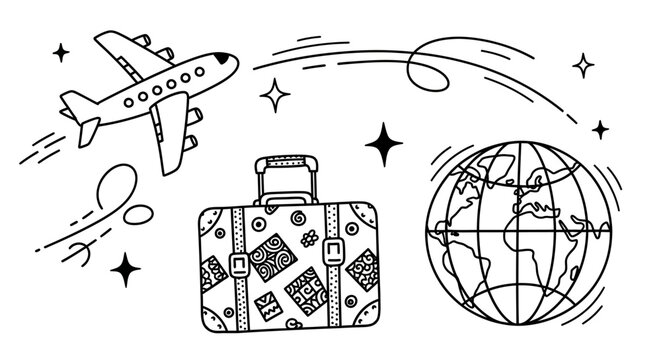 Hand drawn travel doodle set with airplane suitcase and globe.