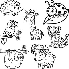 Naklejka premium Funny Wild Animals Outline Set with Giraffe Sloth and Parrot, Hand Drawn Doodle for Kids