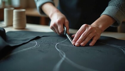 Obraz premium Tailor cuts black fabric with chalk lines using scissors. Seamstress works at table with thread spools. Skilled hands create clothing patterns for dressmaking in workshop.