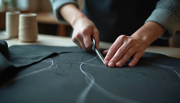 Tailor cuts black fabric with chalk lines using scissors. Seamstress works at table with thread spools. Skilled hands create clothing patterns for dressmaking in workshop.