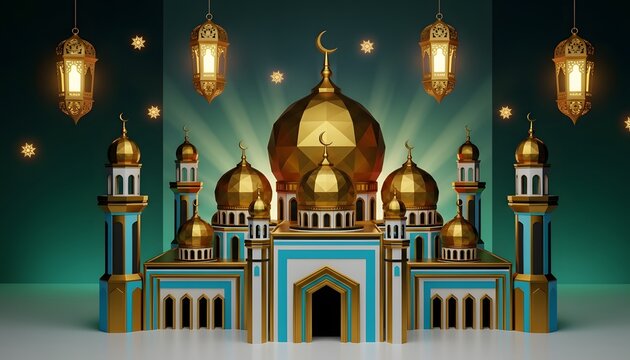 Golden Mosque Celebration: 3D Ramadan Lantern & Islamic Greeting Background. Perfect luxury backdrop for Ramadan Kareem, Eid Mubarak, Islamic New Year, or cultural events.