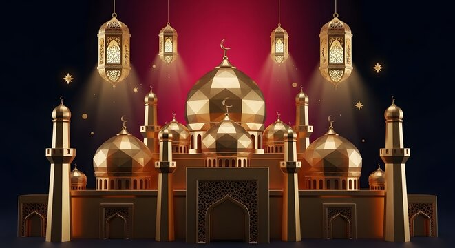 Golden Mosque Celebration: 3D Ramadan Lantern & Islamic Greeting Background. Perfect luxury backdrop for Ramadan Kareem, Eid Mubarak, Islamic New Year, or cultural events.