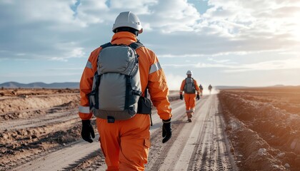 Workers in Orange Jumpsuits Walking on Dirt Road.