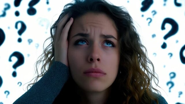 Confused young woman with hands on her head