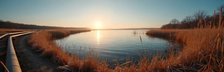 Obraz premium Sunrise illuminates pipelines near calm lake water with dry reeds. Clear sky reflects on tranquil water surface. Industrial pipes curve along grassy shore. Nature meets infrastructure in rural