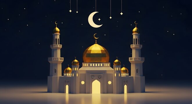 Golden Mosque Celebration: 3D Ramadan Lantern & Islamic Greeting Background. Perfect luxury backdrop for Ramadan Kareem, Eid Mubarak, Islamic New Year, or cultural events.