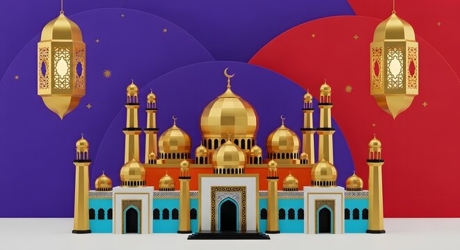 Golden Mosque Celebration: 3D Ramadan Lantern & Islamic Greeting Background. Perfect luxury backdrop for Ramadan Kareem, Eid Mubarak, Islamic New Year, or cultural events. 