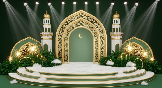 Luxurious Islamic stage/podium featuring a gold arch, minarets, marble steps, and green foliage under dramatic spotlights. Ideal for Ramadan, Eid greetings, or product displays.