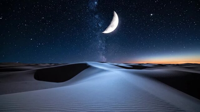 Nighttime desert landscape with crescent moon and starry sky.