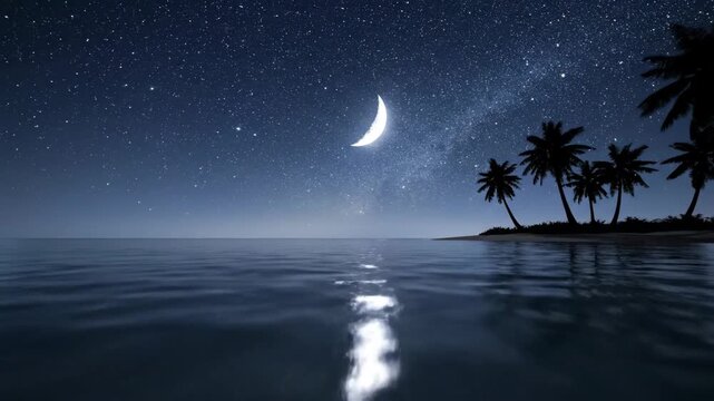 Nighttime tropical beach with crescent moon and starry sky.