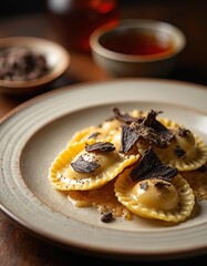 Close-up of truffle ravioli served on rustic plate. Delicious pasta dish with rich sauce and dark truffle shavings. Upscale dining experience for gourmet food lovers.