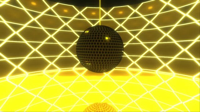 3D Golden Disco Ball Room Background with Shining Lights and Reflection for Party Events