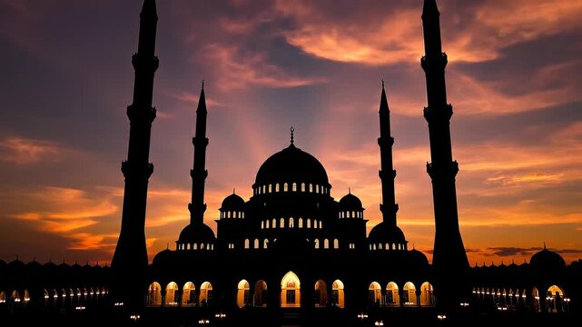 Silhouette of mosque with minarets during vibrant sunset sky.