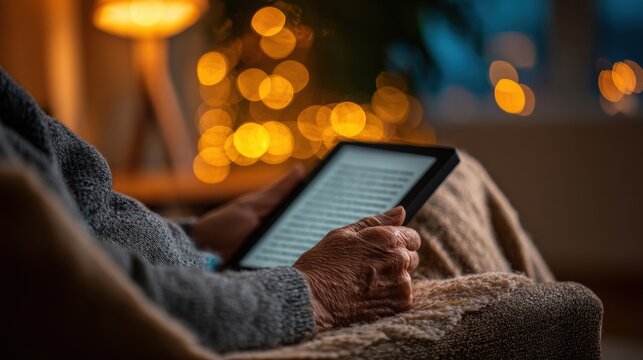 Senior Person Enjoys Reading on an E-Reader in a Cozy Chair During the Evening With Warm Light and Soft Blanket