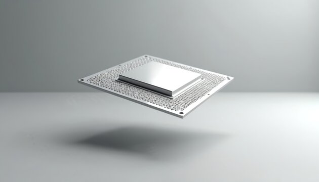 Modern silver computer processor floats midair. Tiny pins array below square central unit. Blank background emphasizes tech hardware. Future digital device.
