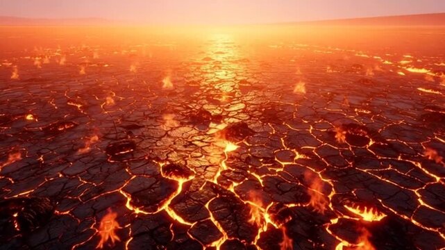 Volcanic Terrain Animated Background with Burning Lava Cracks and fiery surface exploration