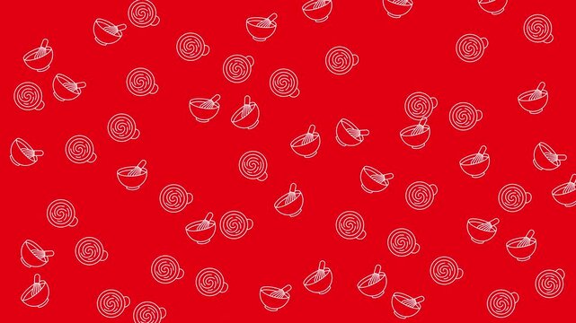 Red background with scattered white teacups and doilies, perfect for elegant tea party invitations or vintagethemed designs. Great for invitations or event posters.