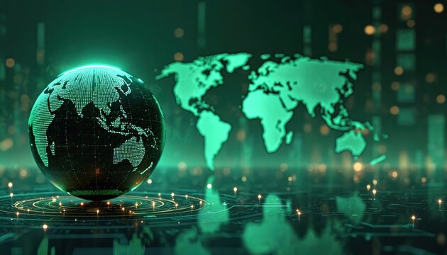 Digital globe with world map overlay glows green. Abstract tech grid and lights form global network background. Futuristic data connection concept.