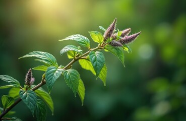 Green holy basil plant branch with fuzzy purple flower spikes grows outdoors. Leaves show serrated edges. Sun shines through softly on background.