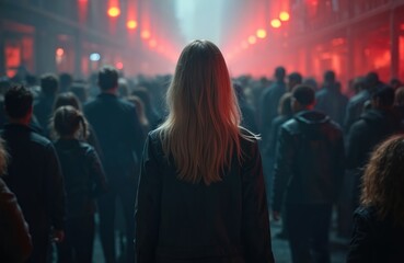 Blonde woman stands out in crowd of dark silhouettes. Red lights glow in smoky urban background. She is isolated, unique among many anonymous people in city.